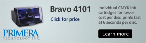The Bravo 4100 uses separate CMYK ink cartridges for lower cost per disc, and it prints fast at only 6 seconds per disc.