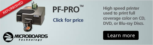 Microboards PF-PRO, a high speed printer to print full coverage color on CD, DVD or Blu-ray discs.