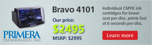 The Bravo 4100 uses separate CMYK ink cartridges for lower cost per disc, and it prints fast at only 6 seconds per disc.